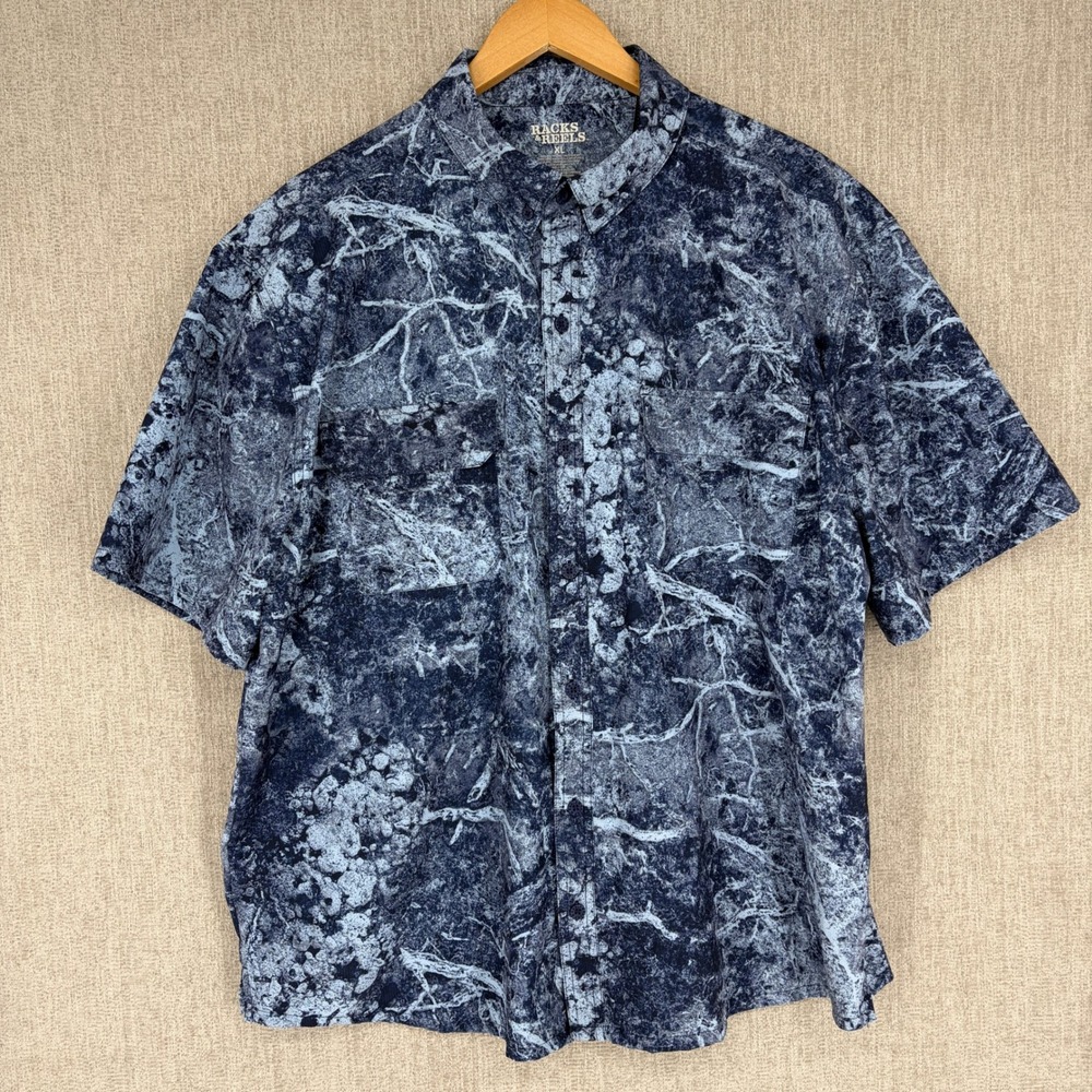 Racks & Reels Shirt Men Extra Large Blue Fishing Camo Short Sleeve Vented Button